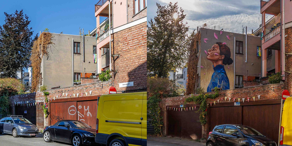 Foto van voor en na, met een lege muur en streetart aan de Van Geertstraat
